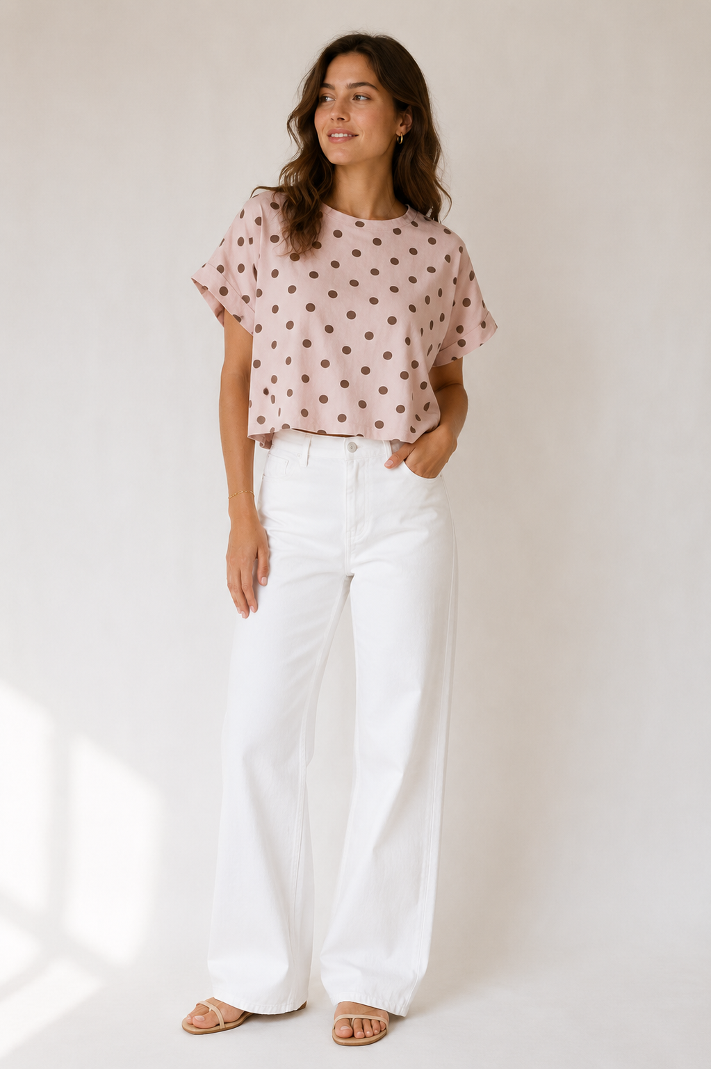Tee shirt rose clair Lina à pois choco