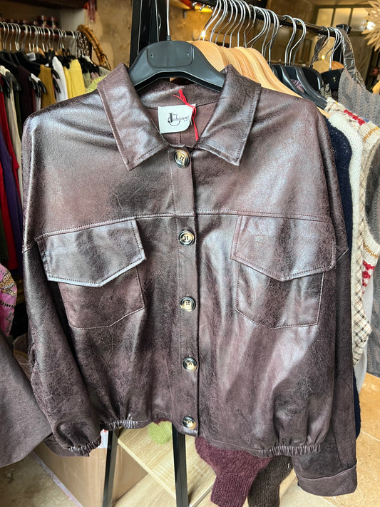 Blouson en simili cuir choco aspect vieilli-Johanna Paris