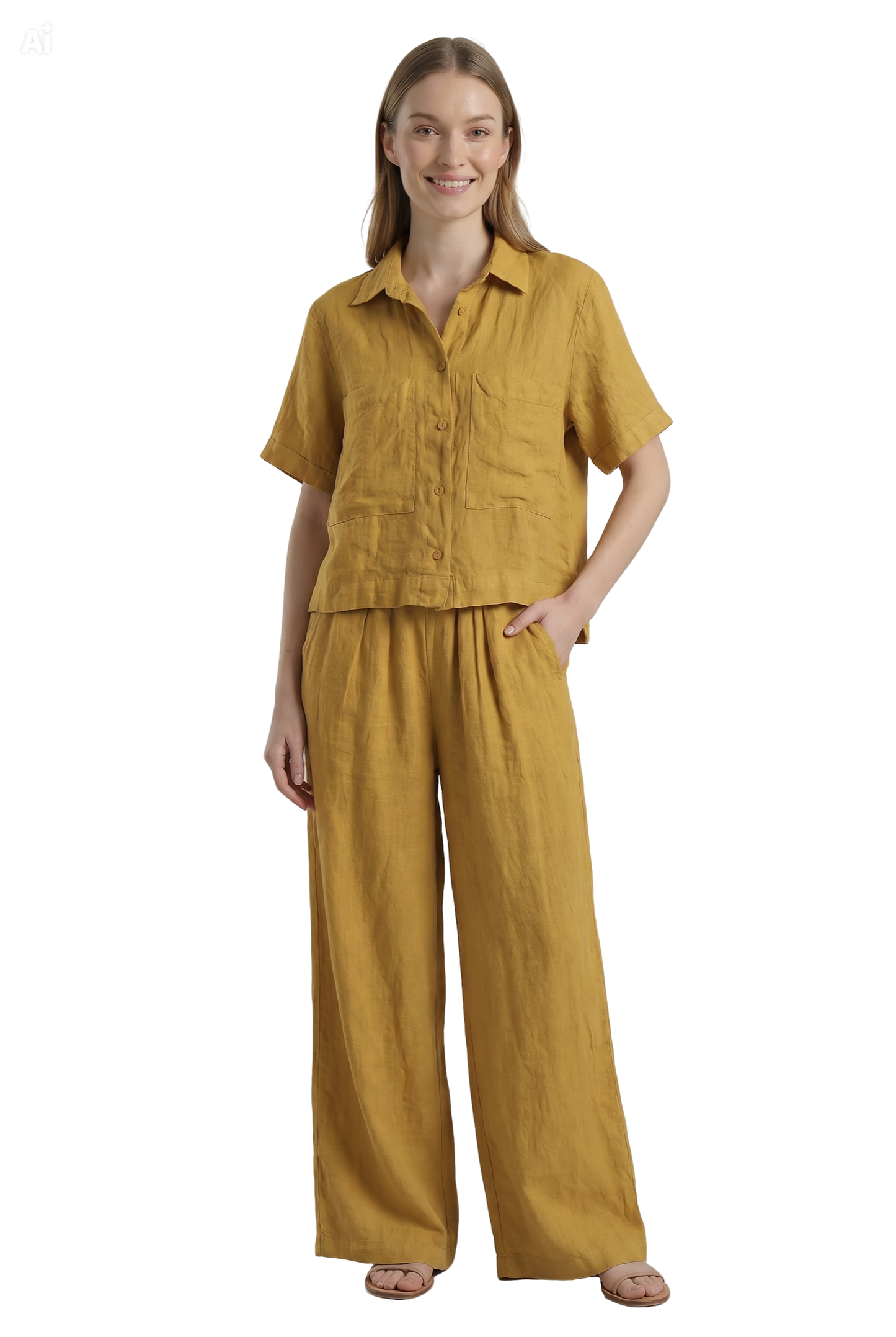 Chemise Miya avec poche 100% lin-moutarde