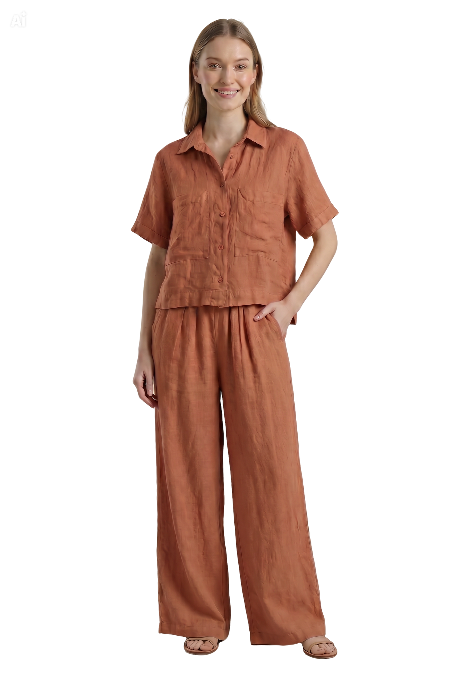 Pantalon large en lin terracotta-Miya