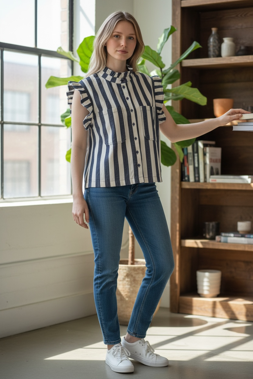 Chemise Carmen rayures larges bleu foncé