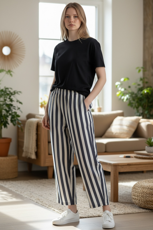 Pantalon magique Carmen à rayures larges bleu denim